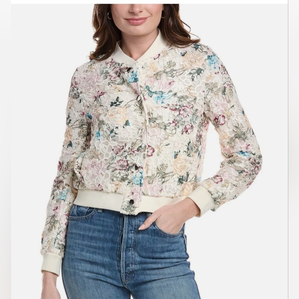 NANETTE NANETTE LEPORE ivory multi Floral crochet Lace Bomber Jacket size Medium
